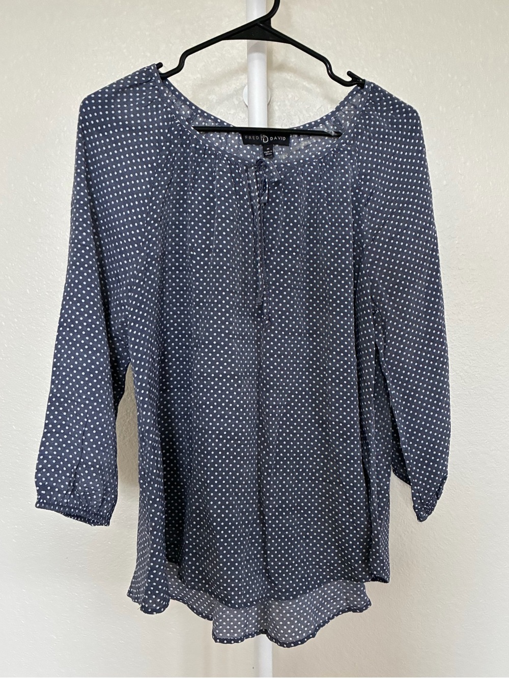 Fred David Long Sleeve Blue and White Polka Dot Blouse Medium